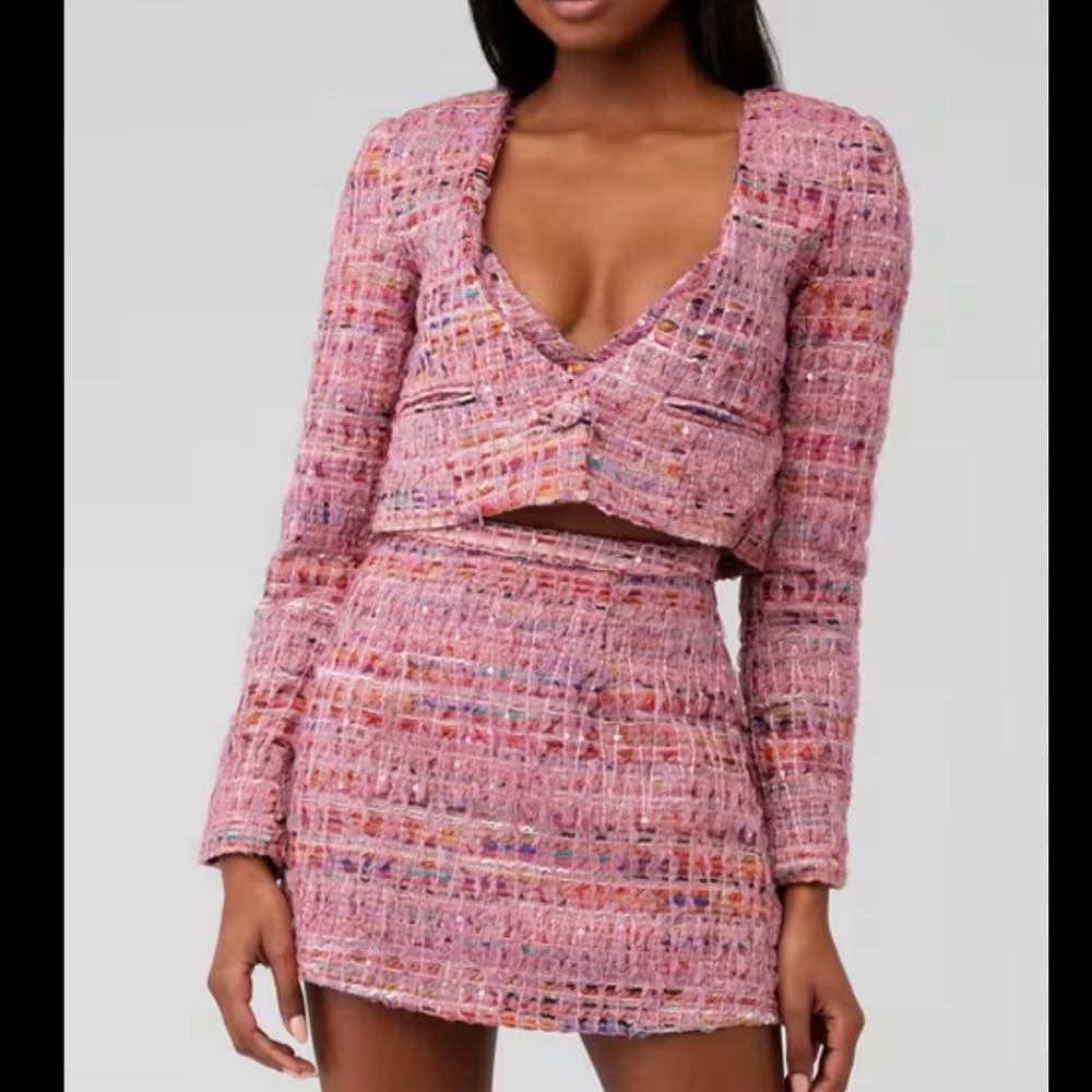 For Love & Lemons Dionne Tweed Cropped Blazer and matching mini skirt.